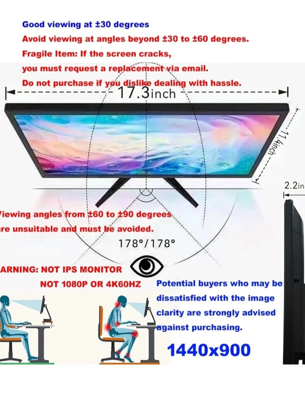 YOTETION 19-inch Full HD 75Hz Thin Monitor - HD+ Anti-Glare LED Display YTLED19